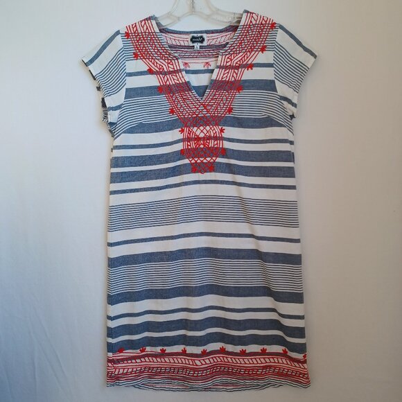 Mud Pie Dress Embroidered Nautical Cotton Stripe Popover Shift Womens Small 4-6 - Picture 1 of 10
